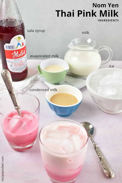 Nom Yen Thai Pink Milk Drink | Recipe Pocket Thai Pink Milk, Asian Dinner Party, Drinks Slushies, Boba Recipe, Yummy Summer Drinks, Thai Milk Tea, Thai Words, Drink Recipes Nonalcoholic, Summertime Drinks