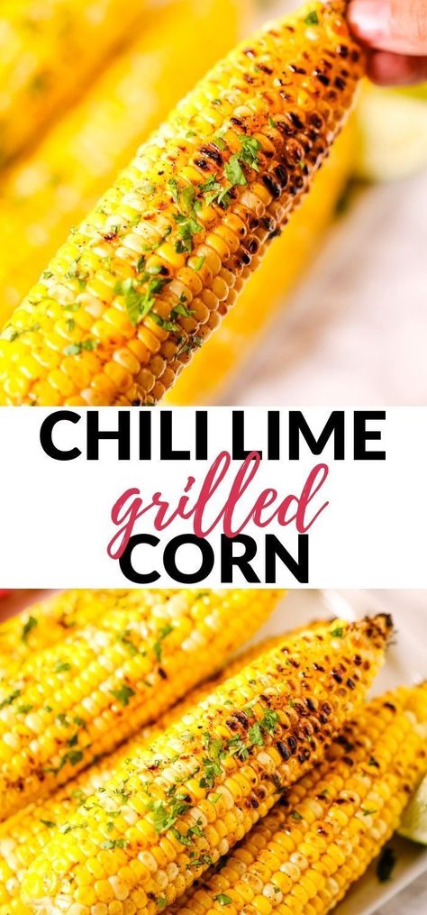 This Grilled Corn with Chili Lime Compound Butter is a Tex-Mex twist on a summer classic.  Summer and Sweet Corn are a marriage made in heaven. But plain sweet corn can get a little predictable. So I took some inspiration from one of my favorite Iron Chefs, Bobby Flay, and created a Chili Lime Grilled Corn recipe that is salty, sweet, spicy and creamy. Yum! Iron Chef Recipes, Grilled Corn Recipe, Chili Lime Corn, Lime Corn, Summer Dinner Recipes Grill, Corn Grilled, Corn Chili, Grilled Corn Recipes, Compound Butter Recipe