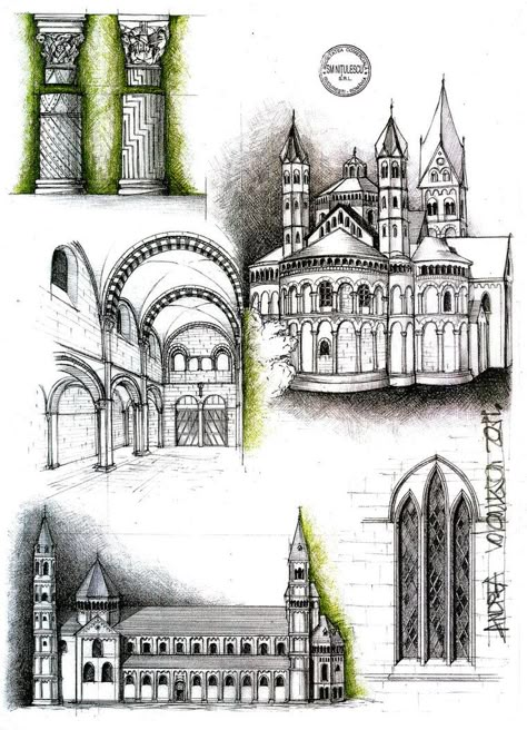 Romanic Architecture by dedeyutza on DeviantArt Architecture Sketching, Architecture Drawing Sketchbooks, History Of Architecture, Romanesque Architecture, Architecture Sketches, Architecture Sketchbook, Architectural Sketches, Roman Architecture, Architecture History