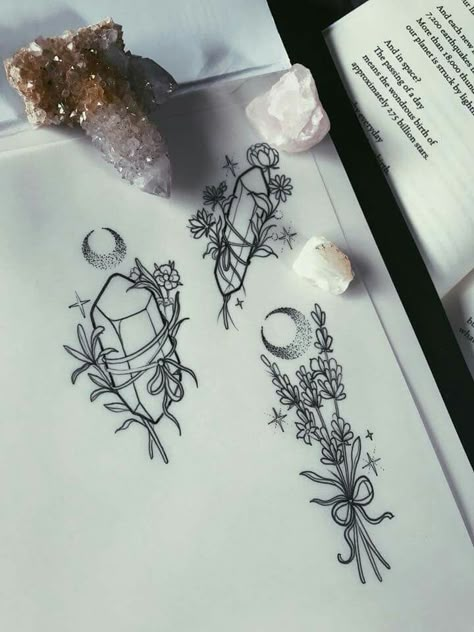 Cute Crystal Tattoo, Mini Crystal Tattoo, Crystal Bundle Tattoo, Small Crystal Tattoo, Crystal Tattoo Design, Crystal Tattoo Ideas, Crystals Tattoo, Crystal Tattoos, Witchcraft Tattoos