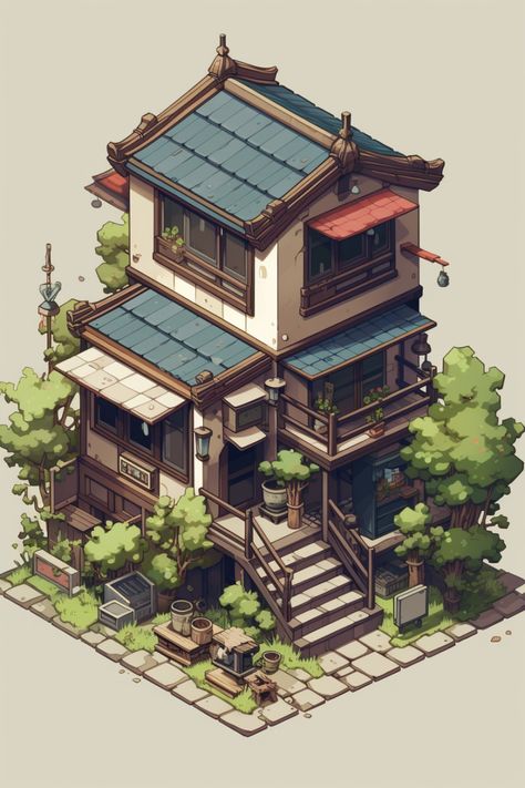 Isometric Environment Concept Art, Isometric Japanese House, Isometric Art House, Isometric Building Illustration, Isometric Art Drawing, Japanese House Art, Isometric Game Art, Isometric Environment, Art Inspiration Digital