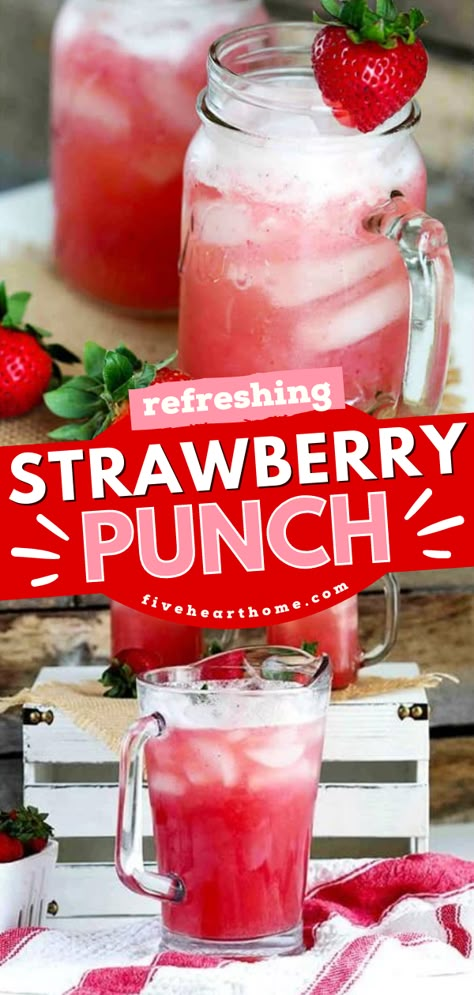 Make this refreshing Strawberry Punch to add to your Spring cocktail recipes! This homemade drink features fresh strawberries and pineapple juice. Pin this easy Spring drink! Strawberry Punch Recipes, Drink To Make At Home, Strawberries And Pineapple, Strawberry Punch, Party Punch Recipes, Strawberry Drinks, Punch Drinks, Seltzer Water, Drink Recipes Nonalcoholic