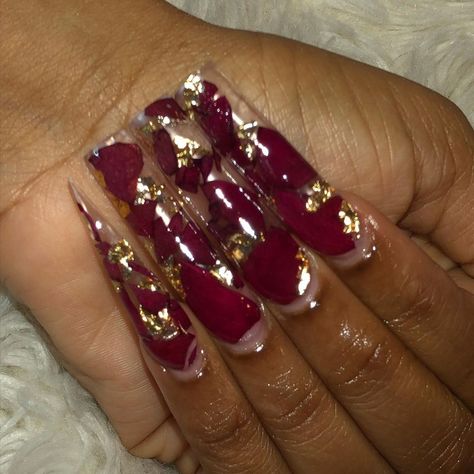 Rose Petal Nails Acrylic, Rose Nails Acrylic, Rose Petal Nails, Petal Nails, Texas Nails, Red And Gold Nails, The Outcast, Vday Nails, Real Rose Petals