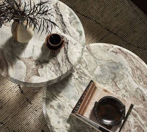 round nesting coffee tables | Pottery Barn Nesting Coffee Table, Design Showroom, Marble Furniture, Village Display, Nesting Coffee Tables, Decorating Home, Marble Colors, Coffee Table Setting, Nesting Tables