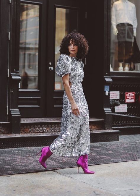 Look Disco, Purple Boots, Sequin Outfit, Glam Fashion, Mode Inspiration, Looks Style, Look Chic, Outfits Casuales, Curvy Fashion