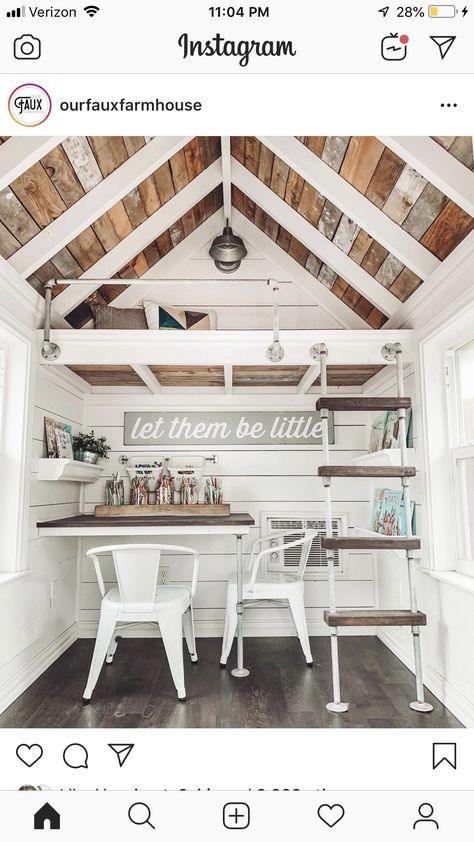 She Shed With Loft, Shed Ideas Hangout, Shed Makeover Interior, Tiny She Shed, Shed Interior Ideas, She Shed Interior Ideas, She Shed Decorating Ideas, She Shed Craft Room, She Shed Office