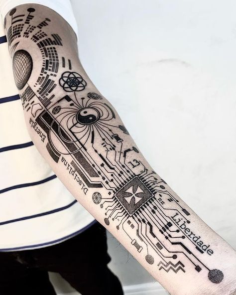 Computer Tattoo, Circuit Tattoo, Electronic Tattoo, Tech Tattoo, Geometric Line Tattoo, Cyberpunk Tattoo, Biomechanical Tattoo, Muster Tattoos, Geek Tattoo