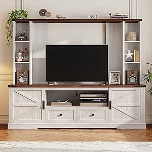 EnHomee Wood TV Stand,Wall Unit Entertainment Center with Ample Storage Space and Adjustable Shelves, TV Stands for Living Room Up to 65'', TV Console with 2 LED Lights & Power Outlets, White Entertainment Center Wall, Tv Stand Wall, Shelves Tv, Entertainment Center Wall Unit, Modern Entertainment Center, Stand Tv, Console Tv, Farmhouse Doors, Wood Tv Stand