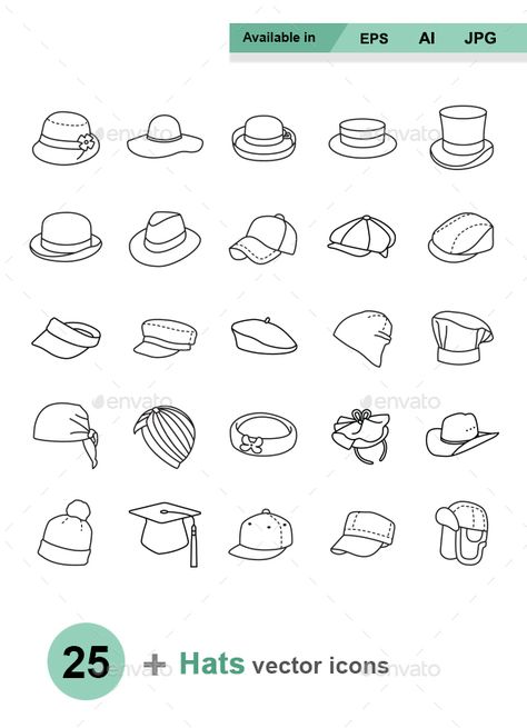 Hats Outlines vector icons by naripuru Hats Outlines vector icons Attached ZIP folder contains:  EPS 10 (easily resize)  AI 10 (easily resize)  JPG image has high Cartoon Hats Drawings, Hat Outline Tattoo, Hat Tattoo Ideas, Drawing Hats, Basic Sketch, Hat Tattoo, Icon Photos, Name Vintage, Tattoos Inspo