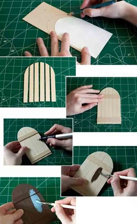 25 DIY Fairy Door Ideas from Popsicle or Wooden Craft Sticks & Rocks Diy Fairy Door, Tre Kunst, Wooden Craft Sticks, Fairy Tree Houses, Fairy House Diy, Fairy Garden Designs, Fairy Garden Crafts, Fairy Furniture, Fairy Tree