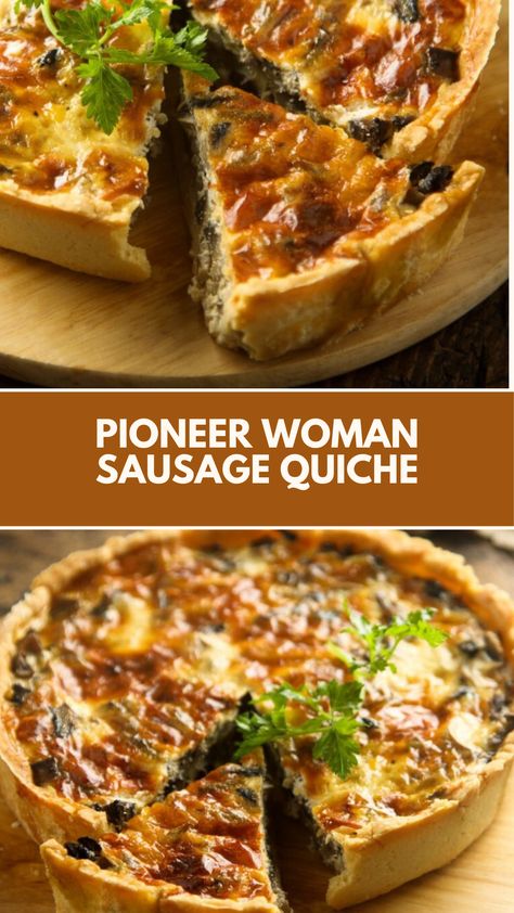 Pioneer Woman’s Sausage Quiche is made with breakfast sausage, caramelized onions, kale, eggs, heavy cream, and Gruyère cheese, all baked into a delicious pie crust that’s ready in 2 hours! Meat And Cheese Quiche, Quiche Sausage Recipes, Breakfast Casserole With Pie Crust, Sausage Egg Cheese Quiche, Homemade Quiche Recipes, Pioneer Woman Quiche Recipes, Sausage And Egg Pie, Pie Crust Eggs Breakfast, Breakfast Pie Quiche