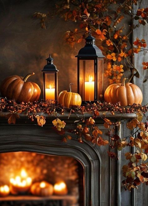 Elegant Fall Mantle, Mantel Fall Decorating Ideas, Fireplace Fall Decor, Fall Mantel Decorating Ideas, Mason Jar Halloween Crafts, Decorate A Fireplace, Faux Mantle, Pumpkin Cottage, Williamsburg Christmas