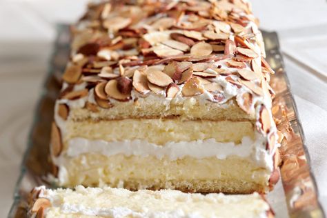 Toasted Almond Dacquoise captures the artistic flair of a boutique bakery specialty. Dacquoise Recipe, German Bee Sting Cake, Bee Sting Cake, Lemon Cream Cheese Frosting, Homemade Pastries, Bee Sting, French Desserts, Almond Cake, A Piece Of Cake