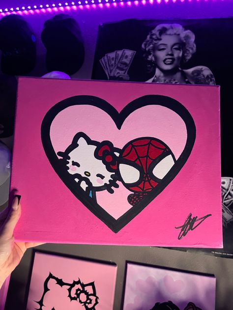 Hello Kitty And Spiderman, Hello Kitty Painting, Spiderman Painting, Kitty Painting, Images Hello Kitty, Hello Kitty Crafts, Kitty Drawing, Simple Canvas Paintings, Cute Canvas Paintings