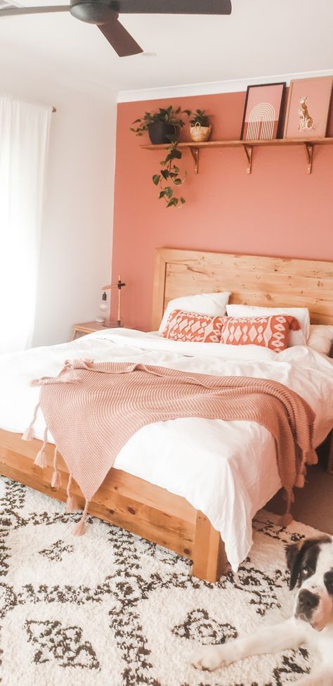 Peach Color Walls Bedrooms, Boho Bedroom Coral Walls, Coral Wall Bedroom Ideas, Salmon Pink Bedroom Ideas, Terracotta Master Bed, Pink Walls Boho Bedroom, Rust And Blush Bedroom, Sunset Blush Bedroom, Rust Pink Bedroom