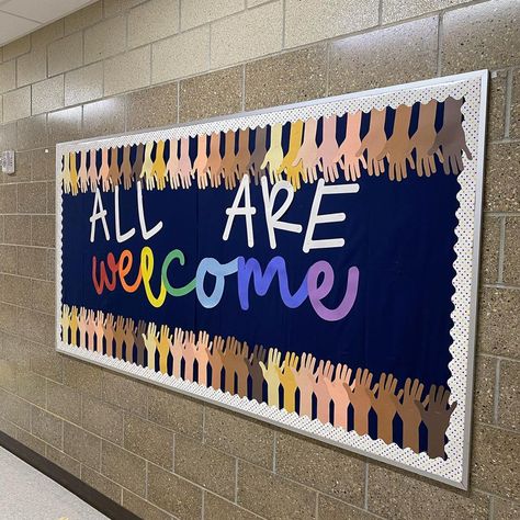 This inclusive bulletin board idea is perfect for a school hallway! Large School Bulletin Board Ideas, Inclusion Bulletin Board Elementary, All Are Welcome Here Bulletin Board, School Spirit Bulletin Boards Elementary, Welcome In Different Languages Bulletin Board, Multicultural Bulletin Board Ideas, School Hallway Bulletin Board Ideas, You Belong Bulletin Board, Kindergarten Hallway Bulletin Boards