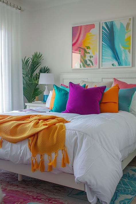 Colorful Bedroom Ideas For Adults, Vibrant Bedroom Ideas, Tacky Decor, Summer Bedroom Decor, Whimsical Bedroom, Summer Bedroom, Decor Ideas For Living Room, Furniture Architecture, Bedroom Deco