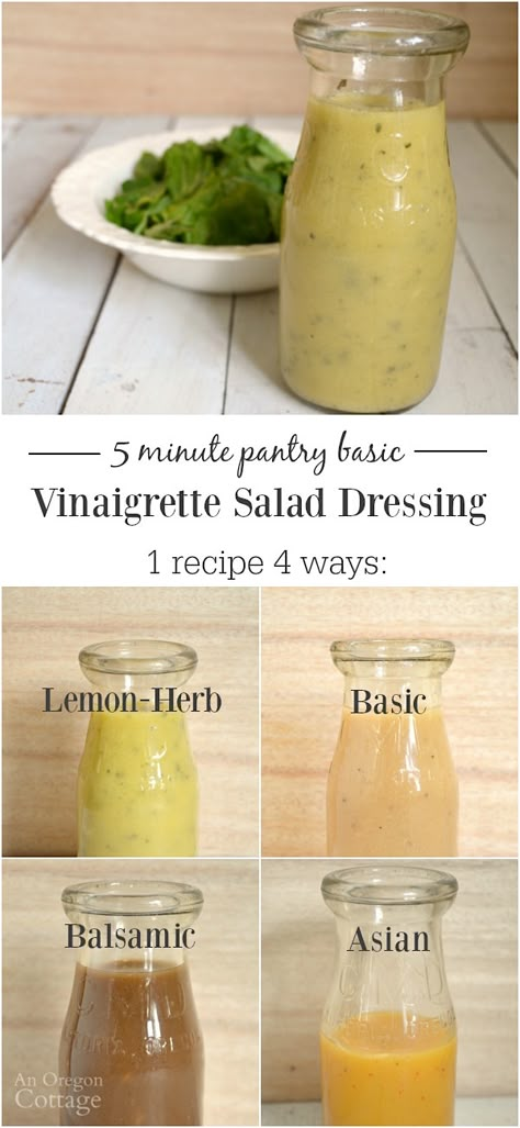 Five minute easy homemade vinaigrette salad dressing: 1 recipe 4 ways (and even more variation ideas) - never buy boring 'Italian' dressing again! #salads #saladdressing #homemade #dressing #pantrystaple #vinaigrette #anoregoncottage Easy Vinaigrette, Vinaigrette Dressing Recipe, Homemade Vinaigrette, Vinaigrette Salad, Simple Vinaigrette, Salad Dressing Recipe, Salad Dressing Recipes Homemade, Italian Salad Dressing, Vinaigrette Recipes