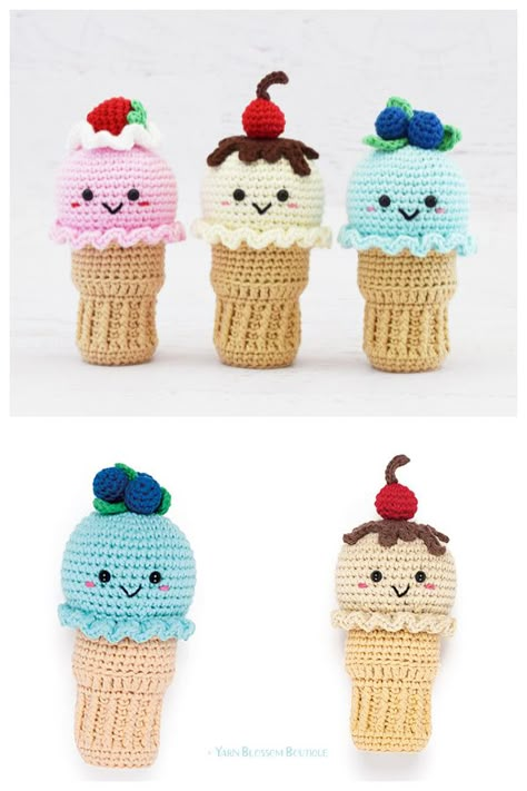 Crochet Ice Cream Amigurumi Free Patterns - DIY Magazine Amigurumi Ice Cream, Ice Cream Crochet, Crochet Ice Cream, Miniature Ice Cream, Crochet Cake, Mini Ice Cream, Crochet Animals Free Patterns, Crochet Food, Diy Magazine