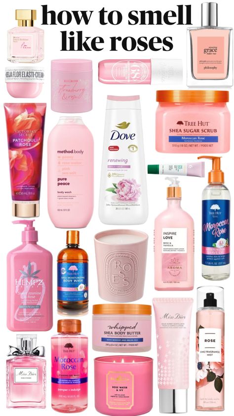 how to smell like rose 🌹 Hair And Skin Vitamins, Fragrances Perfume Woman, Shower Skin Care, Pretty Skin Care, Perfume Scents, Hair Essentials, Bath And Body Care, Body Care Routine, Rose Scented Products