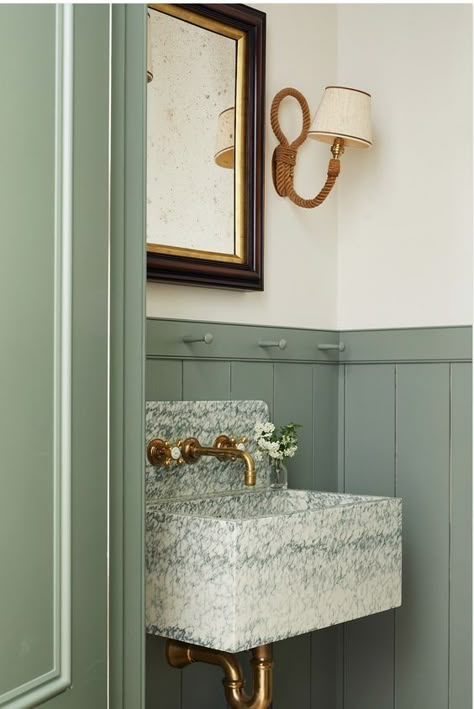 Virginia Tupker, Tiny Powder Room, Green Bathroom Vanity, Powder Bathroom, Bathroom Details, Sage Green Walls, Bathroom Design Trends, Great Bathrooms, Shower Niche