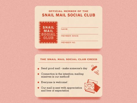 Snail Mail Social Club Membership Card by Beth Mathews on Dribbble Club Membership Card Design, Book Club Branding, Club Branding Design, Membership Card Design Ideas, Membership Design, Membership Card Design, Members Only Club, Club Membership Card, Gfx Design