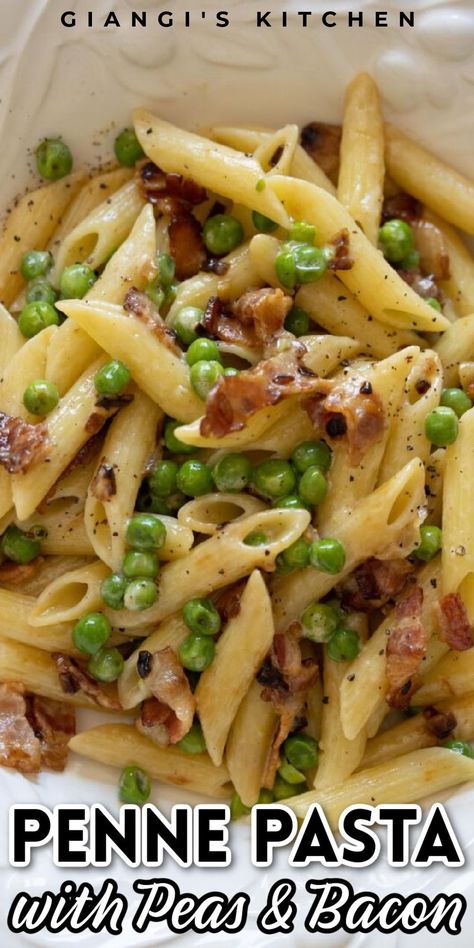 Penne pasta, peas and bacon. Talking about comfort food, pasta is way up there in the list of food that not only is easy to prepare, but everyone enjoys and craves it.This quick, it takes as long as it takes to cook the pasta to have it all ready, it is a savory combination of the sweet peas with crisp onions and bacon. The heavy cream binds it all together blending the flavors well. This is the best pasta dish and comfort food out there. Pasta With Peas And Bacon, Peas And Bacon, Pasta Peas, Pasta With Peas, Food Game, Easy Pasta Dishes, Salad Pasta, Pasta Dinners, Pasta Dinner Recipes