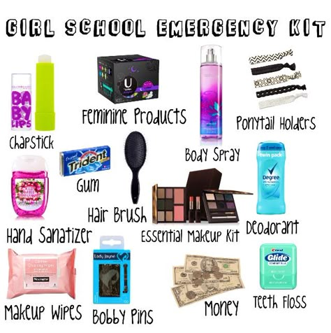 Everything a girl needs in her school emergency kit. Be prepared for any emergency! Pencil Case Organization, Schul Survival Kits, Emergency Kit For Girls, School Emergency Kit, Back To University, Middle School Survival, Middle School Hacks, School Survival Kits, Locker Ideas