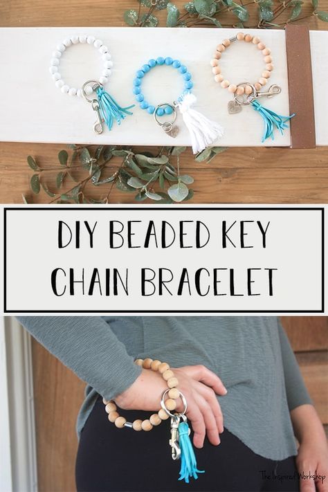 DIY Key Chain Bracelet – The Inspired Workshop Diy Key Bracelet, Diy Wood Bead Bracelet Keychain, How To Make Silicone Bead Keychain Bracelet, Wood Bead Key Chains, Diy Beaded Wrist Keychain Bracelets, Diy Beaded Keychain Bracelet, Diy Personalized Jewelry, Key Ring Bracelet Diy, Silicone Bead Keychain Bracelet Diy