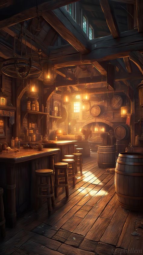 Medieval Tavern Interior, Dnd Tavern, Tavern Interior, Medieval Tavern, Fantasy Village, Fantasy Town, Fantasy Rooms, Fantasy Homes, Fantasy House