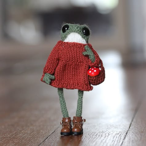 Knit Frog Clothes, Crochet Frog And Toad, Frog Knitting, Frog Clothes, Knitting Cartoon, Knitted Frog, Mushroom Frog, Frog Doll, Christmas Posts