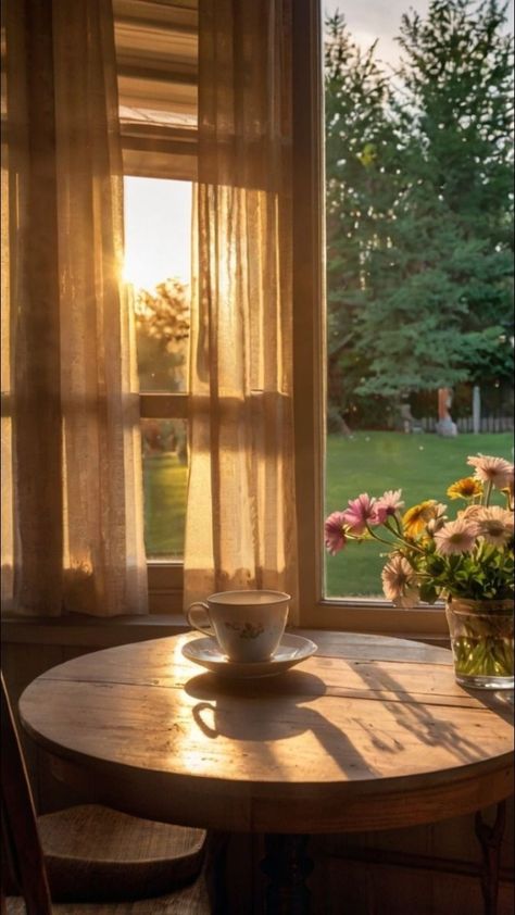 Windows Open Aesthetic, Evening Light Aesthetic, Warm Coffee Aesthetic, Peaceful Nature Aesthetic, Peaceful Home Aesthetic, Tea House Aesthetic, Simple Rustic Table, Slow Morning Aesthetic, Morning Vibes Aesthetic