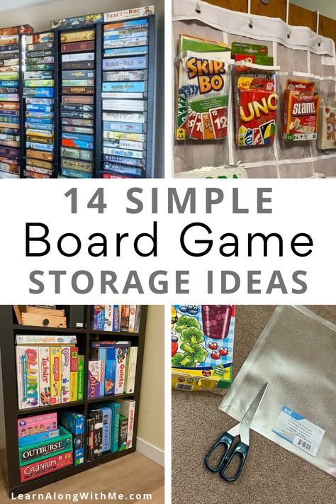 Efficiently store your board games so you can easily find them while tidying up the storage area. We use mostly use an IKEA KALLAX unit to store our board games. But even with this cube furniture, there are lots of different ways we could store our games. For instance, we could take the games out of their original boxes and put them in a plastic pouch or hard plastic case. If you want to explore some different board game storage ideas, check it out. Display Board Games Ideas, Organization Boxes Storage, Organize Board Games In Bags, Store Games Organization Ideas, Game Board Organization Storage Ideas, Game Cupboard Organization, Board Game Interior Design, Diy Game Console Storage, Kallax Game Storage