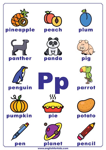 English alphabet poster to learn letter P P Words Preschool, Letter Posters Preschool, P Words Letter, P Is For, Letter P Preschool, Letter U Activities For Preschool, Letter P Craft, Letter L Words, Preschool Alphabet Letters