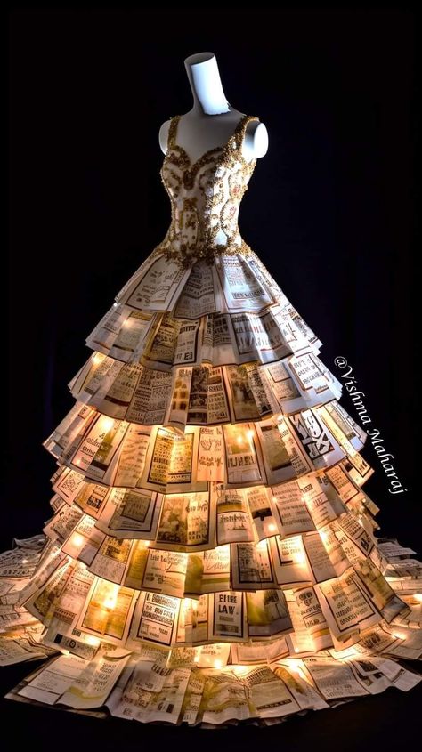 Recycled Gown Ideas, Junk Kouture Ideas, Paper Dress Fashion, News Paper Dress, Paper Gown, Cardboard Dress, Recycled Dress Ideas, Recycled Gown, Paper Dress Art