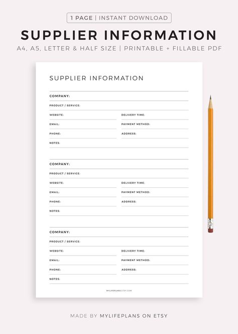 Detailed Supplier Information Printable, Supplier Profile Template, Supplies Vendor Contacts, Business Owner Organizer, Instant Dowload PDF freeplanners #weeklymealplannerprintable #christianplanner #mealplannerД±nsert. Supplier List Template, Business Daily Planner, Business Planner Printables, Business Planners, Binder Printables Free, Printable Day Planner, Business Binders, Binder Templates, Free Planner Templates