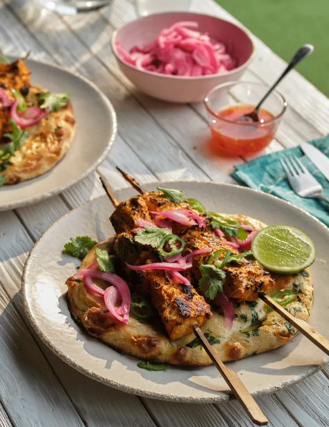 Tom Kerridge recipes: 3 BBQ skewer ideas Skewer Ideas, Easy Barbecue Recipes, Tandoori Fish, Salmon Skewers, Bbq Fish, Tom Kerridge, Bbq Skewers, Bbq Ideas, Bbq Sides