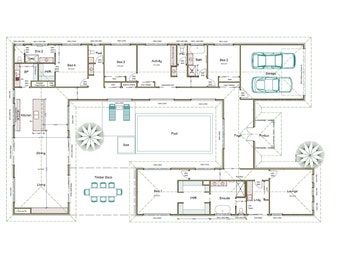 418m2 4503 Sq Foot 5 Bedflat 4 Plus Study Home Design 5 - Etsy Australia U Shaped Houses, Cute Small Houses, Courtyard Home, Dome Homes, Courtyard Pool, Homestead House, Courtyard House Plans, Floor Plan Drawing, Plan Drawing