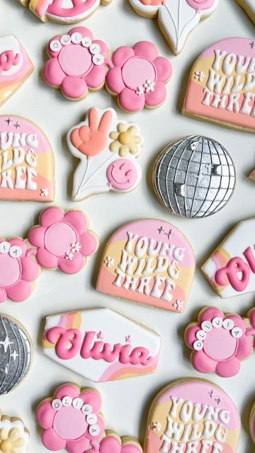 Nathalie • Cookie Artist on Instagram: "Clearly this has been the most requested theme this summer 😅 #groovycookies #cookiedecorating" Coachella Cookies Birthday Parties, Girly Decorated Cookies, Retro Cookies Decorated, Disco Birthday Cookies, Threenager Cookies, Girly Sugar Cookies, Disco Cookies Decorated, Disco Party Cookies, Groovy Cookies Decorated