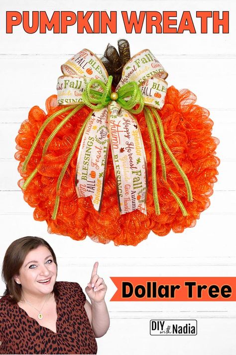 Dollar Tree Pumpkin Wreath DIY Tutorial | Deco Mesh Method Fall Mesh Wreaths Diy, Thanksgiving Diy Decorations, Pumpkin Mesh Wreaths, Dollar Tree Witch Hat, Dollar Tree Pumpkin Wreath, Thanksgiving Mesh Wreath, Pumpkin Wreath Tutorial, Dollar Tree Diy Halloween, Deco Mesh Pumpkin