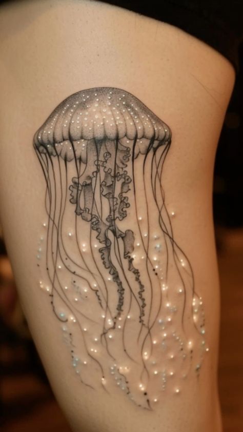 Pretty Jellyfish Tattoo, Ocean Lower Back Tattoo, Womens Tattoos Back, Jelly Fish Tattoo Fine Line, Ocean Hip Tattoo, Jellyfish Back Tattoo, Jellyfish Flower Tattoo, Flowing Tattoos, Unique Thigh Tattoos Women