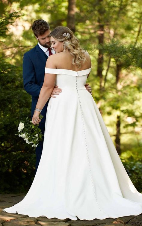 Classic Satin Plus Size Ballgown with Pockets & Off-the-Shoulder Sleeves - Plus Size Ballgown, Wedding Dress Pockets, Plus Wedding Dresses, Satin Wedding Gown, Plus Size Bridal, Plus Size Bride, Essense Of Australia, Wedding Dress With Pockets, Curvy Bride