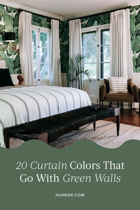 The color green is very versatile. It will look stunning with a wide variety of other shades. Here are the best color of curtains for your green walls. #hunkerhome #curtains #greenwalls #greenwallideas #curtainideas Curtains In Green Bedroom, Dark Green Room Curtain Ideas, Curtains Green Living Room, Dark Green Walls Curtain Ideas, Curtains For Green Bedroom, Curtains For Sage Green Bedroom, Dark Green Walls Curtains, Dark Green Room With Curtains, Green Walls With Curtains