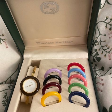 Women’s Gucci bangle watch with interchangeable coloured bezels Gucci Bangle, Bangle Watches, Gold Plated Bangles, Gucci Accessories, Quartz Movement, Original Box, Bangles, Gucci, Gold