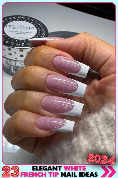 Glittery long square-shaped nails with white French tip nails. Made with acrylic and subtle glitter, these nails have a natural pink base and a glossy finish. Perfect for parties and special events, combining elegance and fun. White French Tip Nail Ideas, Square Stiletto Nails, Tip Nail Ideas, French Tip Nail Ideas, Glitter French Nails, White French Nails, Engagement Nails, Long Square Nails, Pink Glitter Nails