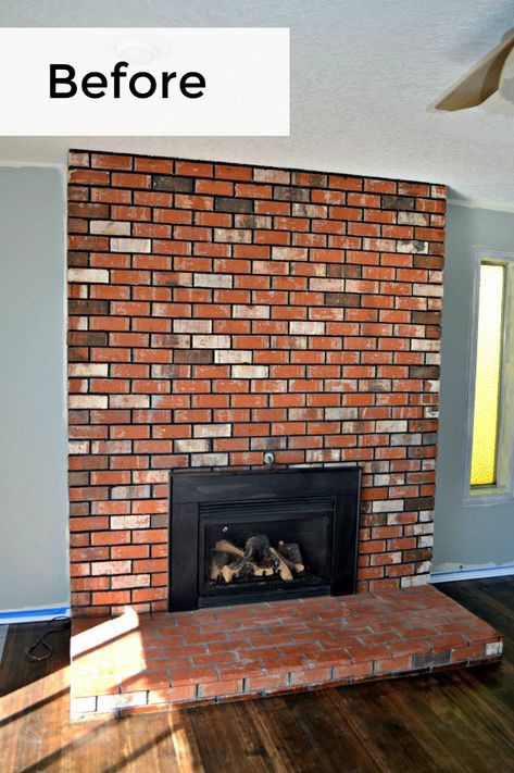 Outdated living room fireplace with red, multi-colored brick is transformed with whitewash #whitewash #diyproject Old Farmhouse Living Room, Pellet Stove Ideas Living Rooms, Wood Burning Stove Ideas, Pellet Stove Ideas, Brick Fireplace Decor, Wash Brick Fireplace, White Wash Fireplace, White Wash Brick Fireplace, Stove Hearth