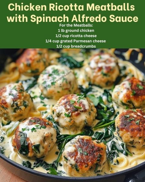 Chicken Ricotta Meatballs, Spinach Alfredo Sauce, Meatballs With Spinach, Chicken Ricotta, Baked Parmesan Chicken, Ground Chicken Meatballs, Spinach Meatballs, Ricotta Meatballs, Food Specials