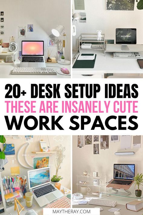 Office Organization For Small Spaces, Small Desk Organization Office, Organize Desk At Work, Small Work Desk Organization, Computer Desk Setup Small Space, Home Work Desk Ideas, Office Desk In Bedroom Small Spaces, Desk Area Decor Ideas, Space Saving Home Office