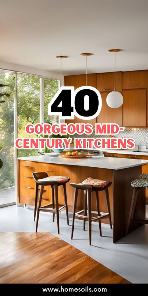 Open Floor Plan Living Room And Kitchen Mid Century Modern, Mcm Kitchen Hardware, Cherry Cabinets Kitchen Modern, Small Mcm Kitchen, Mid Century Modern Countertops, Mid Century Cabinet Hardware, Mcm Kitchen Backsplash, Mid Century Modern Home Design, Mcm Home Decor