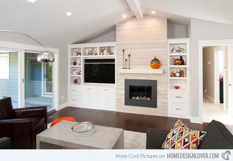 15 Ideas for TV Built-in Media Wall in Modern Living Rooms | Home Design Lover Built In Around Fireplace, Tv Built In, Living Room Built Ins, Fireplace Built Ins, Living Room Arrangements, Contemporary Fireplace, Fireplace Remodel, Trendy Living Rooms, Built In Bookcase